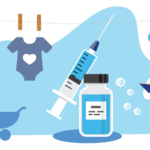 图为新生儿所需物品，包括疫苗和医生。设计中的白细胞代表免疫反应。
