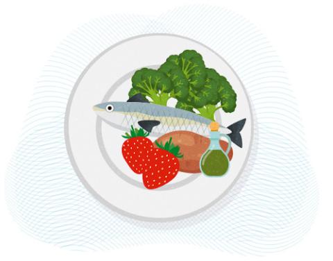 盘子上的鱼，水果和蔬菜